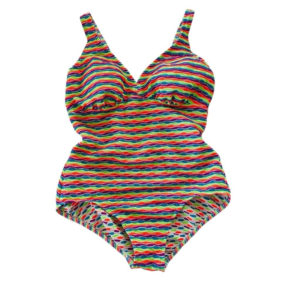 Vintage 90s One Piece Swimsuit Fluorescent Neon Size L/XL Stripes Textured